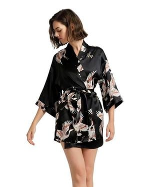 SILKSILKY 19Momme Pure Silk Printed Short Robe - Black