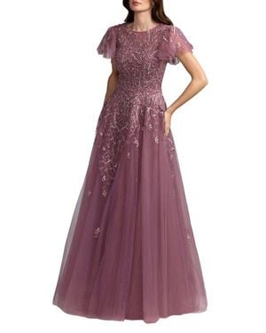 Mac Duggal Beaded Embroidered Tulle Flutter Sleeve Ball Gown - Purple