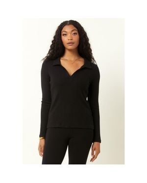 Single Stitch Classic Ribbed V-Neck Sweater With Collar - Black