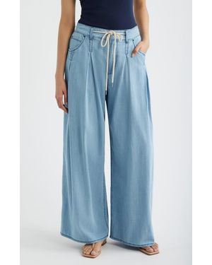 City Blues Pleated Drawstring Wide Leg Denim Pants - Blue