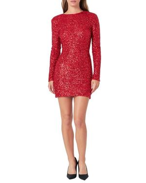 Endless Rose Sequin Padded Shoulder Long Sleeve Minidress - Red