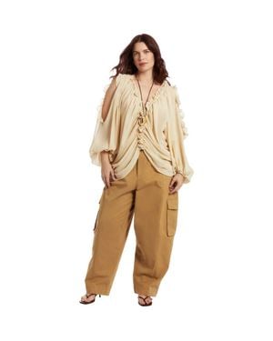 June + Vie Draped Off-The-Shoulder Blouse - Natural