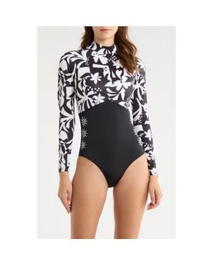 Rip Curl Topanga Geometric Print Embroidered Long Sleeve One-Piece Rashguard Swimsuit - Black