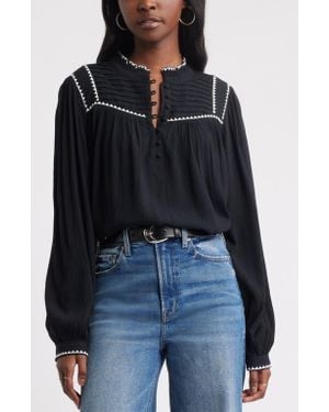 Treasure & Bond High Neck Embroidered Long Sleeve Top - Black