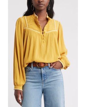 Treasure & Bond High Neck Embroidered Long Sleeve Top - Blue