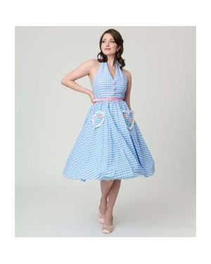 Unique Vintage Belted Scallop Front Halter Swing Dress - Blue