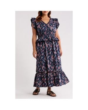 Treasure & Bond Floral Flutter Sleeve Peplum Maxi Dress - Blue