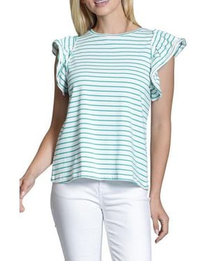 Apny Stripe Ruffle Cap Sleeve T-Shirt - Blue