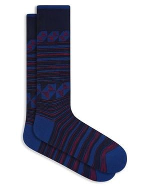 Bugatchi Stripe Geo Pattern Cotton Blend Dress Socks - Blue