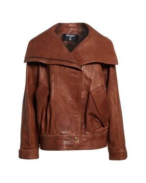 Balmain High Collar Leather Bomber Jacket - Brown