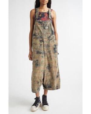 R13 Overdyed Plaid Cotton Flannel Jumbo Overalls - Natural