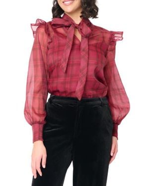 Gibsonlook Festive Plaid Ruffle Organza Shirt - Red