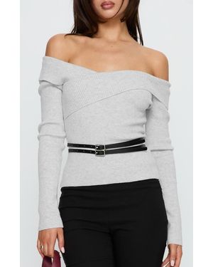 Princess Polly Ellenore Off The Shoulder Belted Sweater - Gray