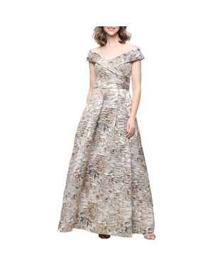 Alex Evenings Off The Shoulder Floral Jacquard Ballgown - Gray