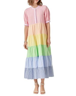 English Factory Stripe Colorblock Tiered Cotton Blend Dress - Multicolor