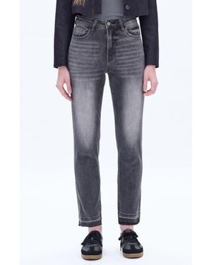Bayeas High Waist Raw Hem Ankle Straight Leg Mom Jeans - Blue