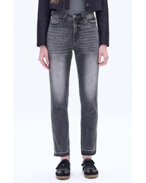 Bayeas High Waist Raw Hem Ankle Straight Leg Mom Jeans - Blue