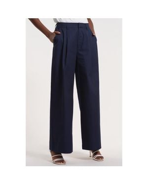 Isaac Mizrahi New York Pleated High Waist Cotton Wide Leg Pants - Blue