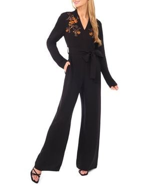 Ted Baker Floral Embroidered Long Sleeve Wide Leg Jumpsuit - Black