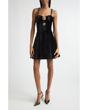 Balmain Embellished Strap Velvet Fit & Flare Dress - Black