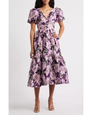 Sister Jane Floraison Floral Jacquard Puff Sleeve Dress - Purple