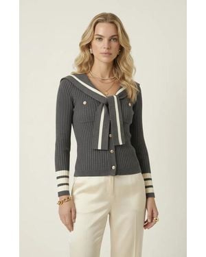 Modenaire Ribbed Knit Cardigan With Sailor Collar And Contrast Trim - Gray