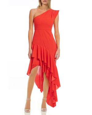 Badgley Mischka Ruffle One-Shoulder Asymmetric Hem Cocktail Dress - Red