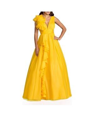 Mac Duggal Ruffle Shoulder V-Neck A-Line Evening Gown - Yellow