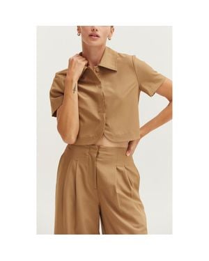 Crescent Short Sleeve Cropped Blazer Top - Brown