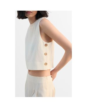 Mango Side Button Sleeveless Crop Top - White