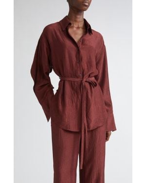 Jason Wu Oversize Belted Crinkled Satin Button-Up Top - Red