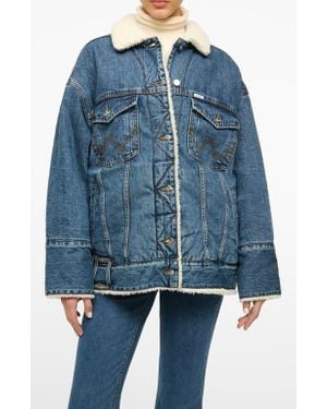 STAUD Reversible Denim Shearling Trucker Jacket - Blue