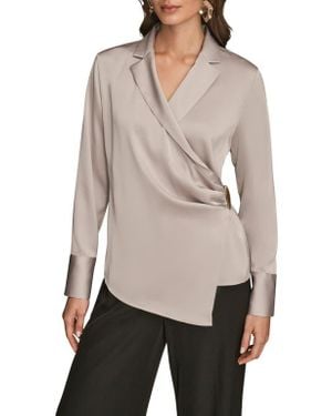 Donna Karan Pleated Wrap Front Silk Top - Natural