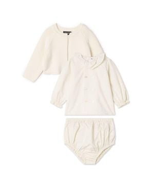 Space Grey 3 Piece Woven Set And Knit Long Sleeve Blouse, Cardigan And Bottom - White