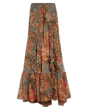Etro Paisley Print Ruffle Silk Chiffon Maxi Skirt - Brown