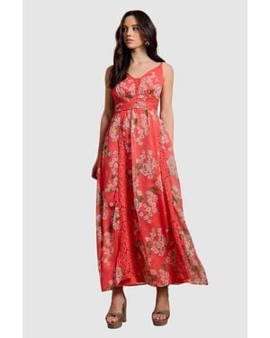 Oasis Lace Paneled Waist Pleated Maxi Dress - Red