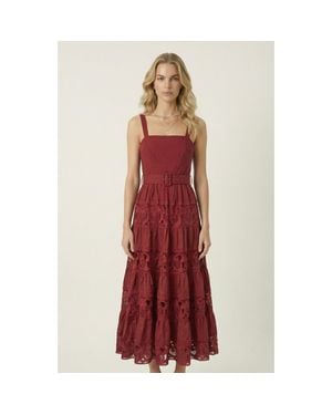 Modenaire Belted Tiered Lace Midi Dress