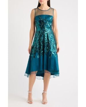 Tahari Illusion Sequin Sleeveless Cocktail Dress - Blue