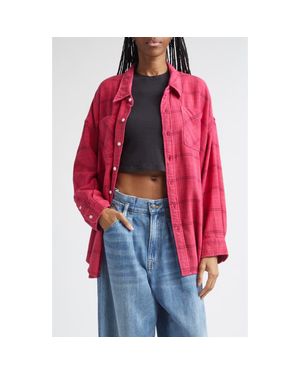 R13 Plaid Oversize Drop Neck Cotton Flannel Button-Up Shirt (Nordstrom Exclusive) - Red