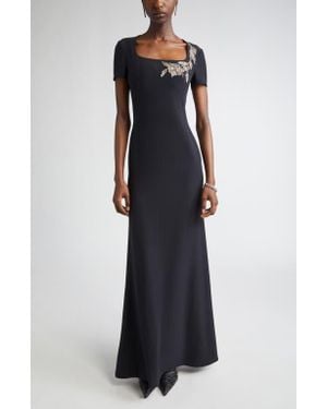McQueen Banshee Embroidery Leaf Crepe Gown - Black