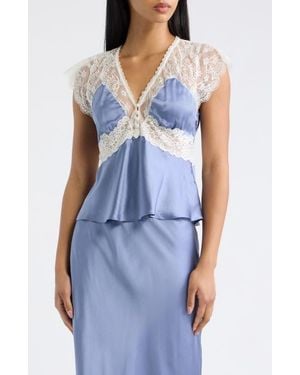 LoveShackFancy Verelle Lace Trim Satin Top - Blue
