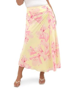 City Chic Soiree Print Ruched Maxi Skirt - Pink