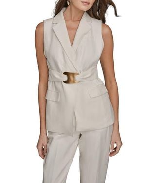 Donna Karan Belted Linen Blend Long Vest - Natural