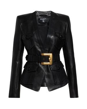 Balmain Belted Leather Jacket - Black