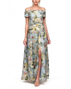 JS Collections Carissa Metallic Embroidered Off The Shoulder A-Line Gown - White