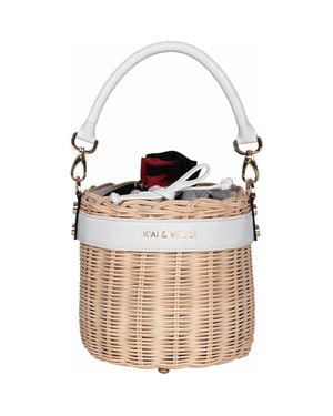 Kai & Vrosi Leather & Straw Bucket Bag With Drawstring - Brown