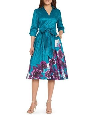 Tahari Metallic Embroidered Midi Dress - Blue