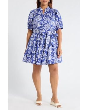 Sugarlips Floral Puff Sleeve Pleated Cotton Shirtdress - Blue