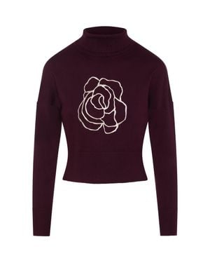 Versatile Cropped Embroidered Turtle Neck Knit Sweater - Purple
