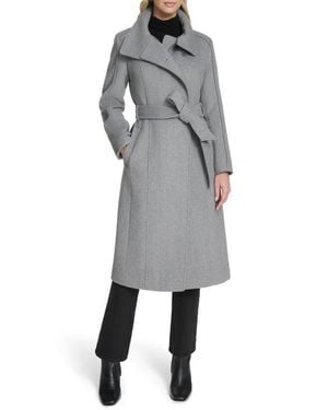 Cole Haan High Neck Slick Wool-Blend Belted Coat - Gray